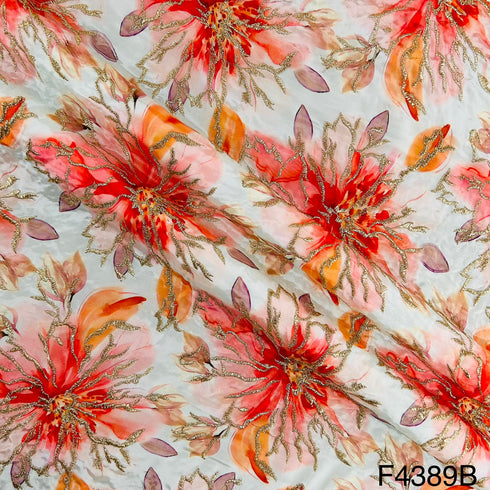 Positional Print Zari Embroidered Crepe Fabric-F4389