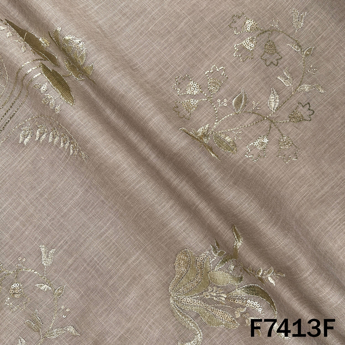 Zari Sequins Foil Work Linen Fabric - F7413