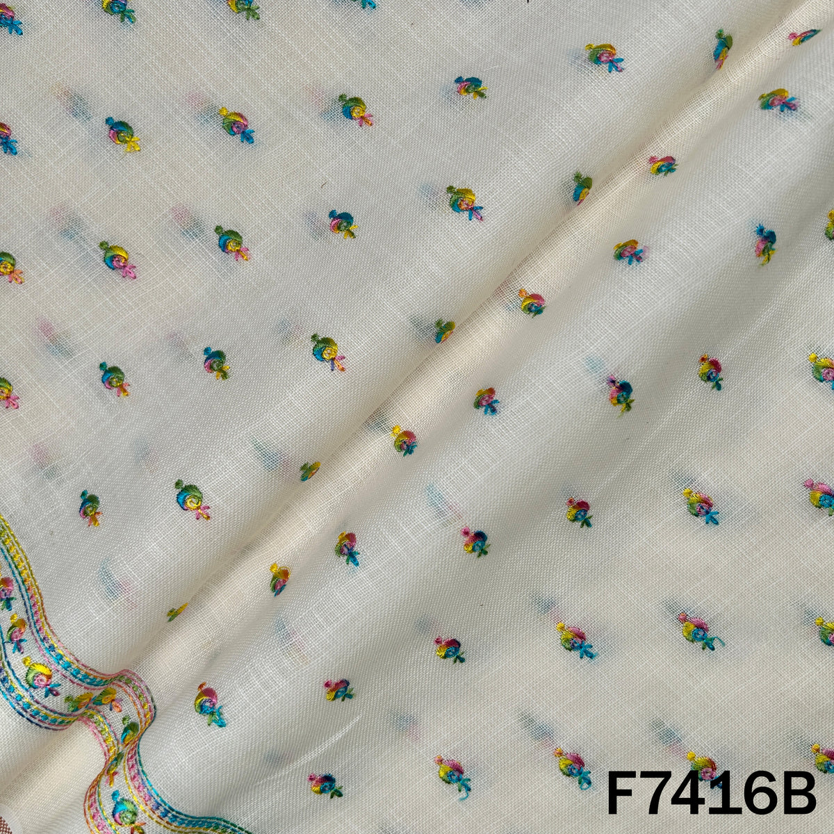 Thread Sequins Buti Work Linen Fabric - F7416