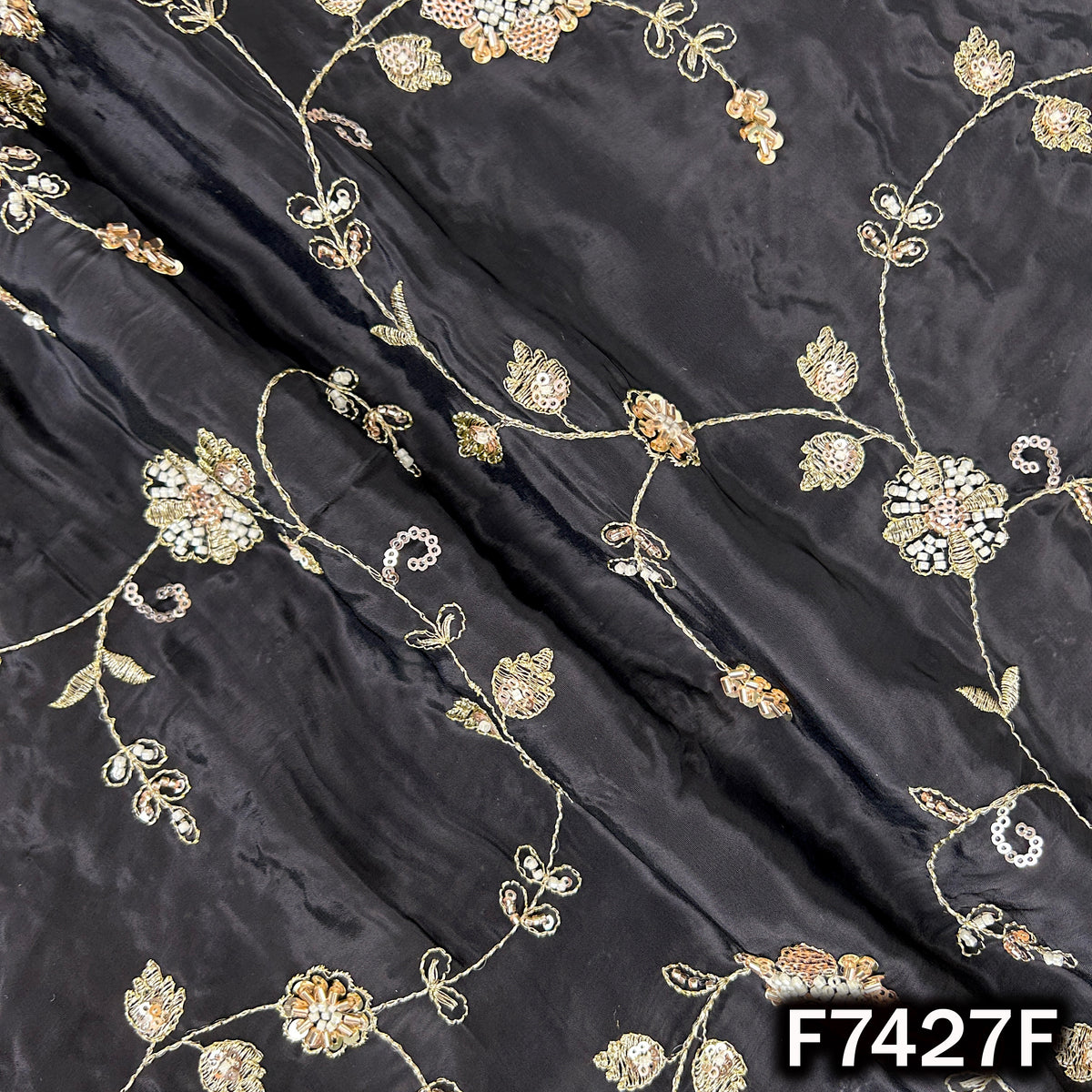 Cut Dana Zari Sequins Embroidered Crepe Fabric - F7427