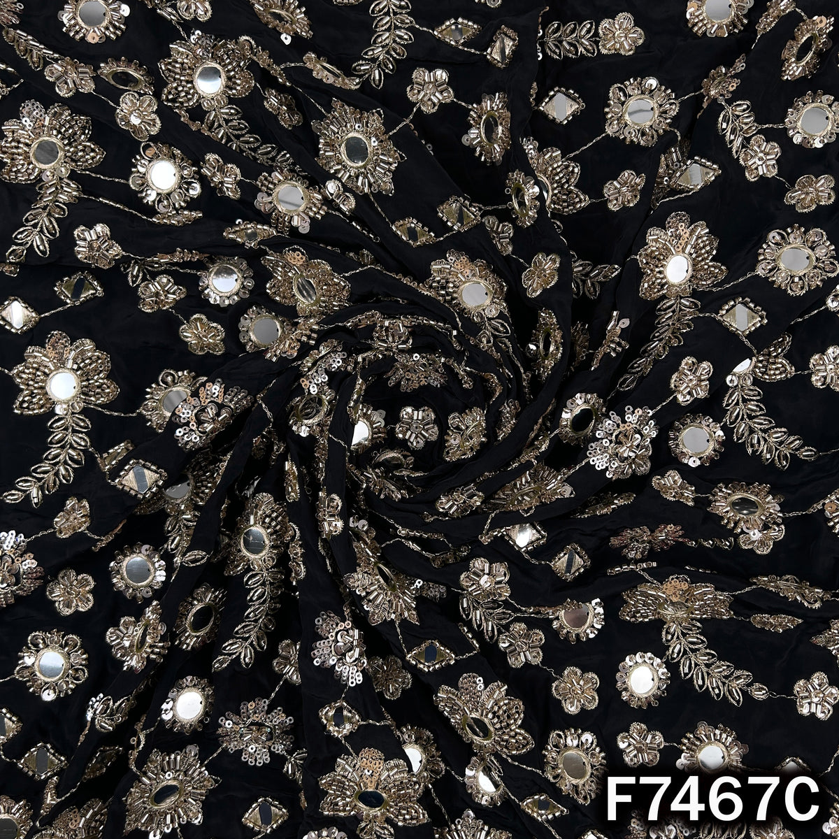 Cut Dana Faux Mirror Zari Sequins Embroidered Crepe Fabric - F7467