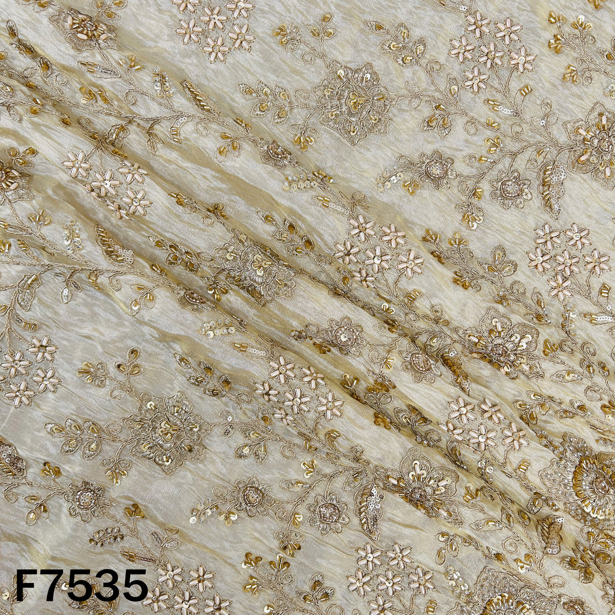 Dyeable Cut Dana Pearl Zari Sequins Embroidered Shimmer Tissue Fabric - F7535