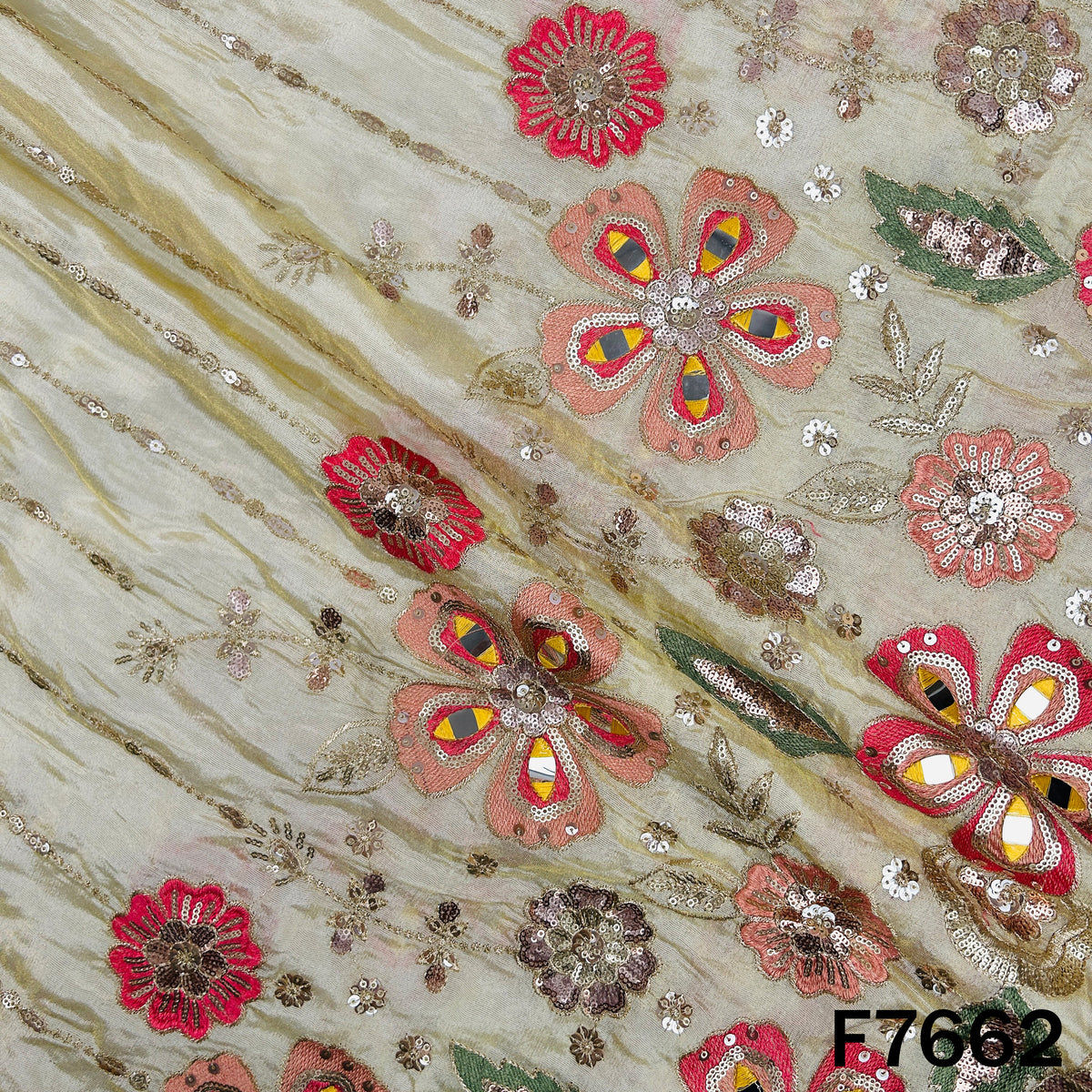 Zari Thread Sequins Foux Mirror Work Shimmer Tissue Fabric - F7662