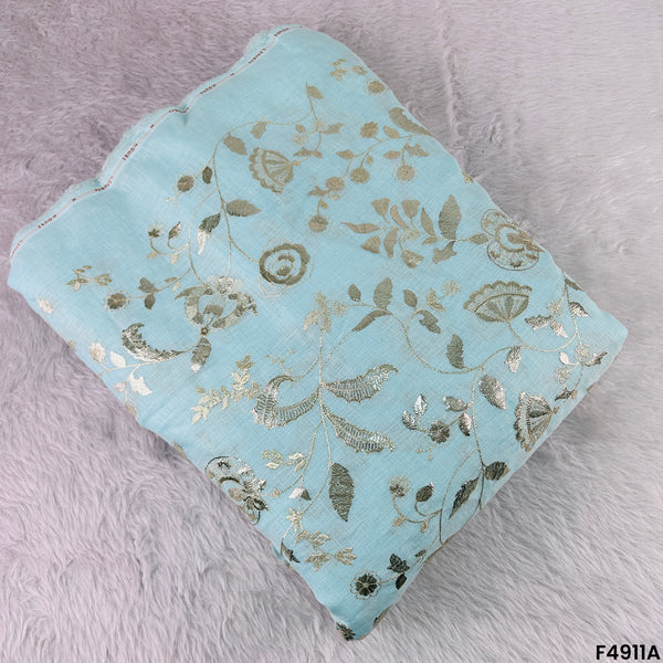 Zari Thread Embroidered Linen Cotton Fabric-F4911