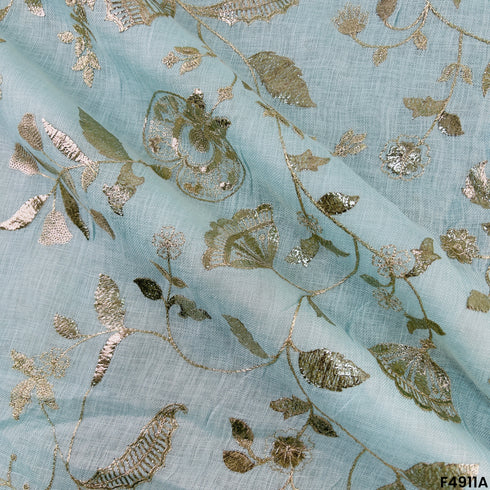 Zari Thread Embroidered Linen Cotton Fabric-F4911