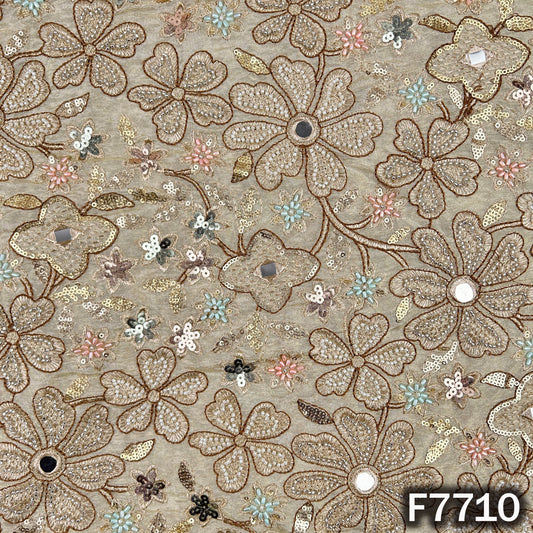 Dyeable Cut Dana Faux Mirror Zari Thread Sequins Embroidered Shimmer Tissue Fabric - F7710