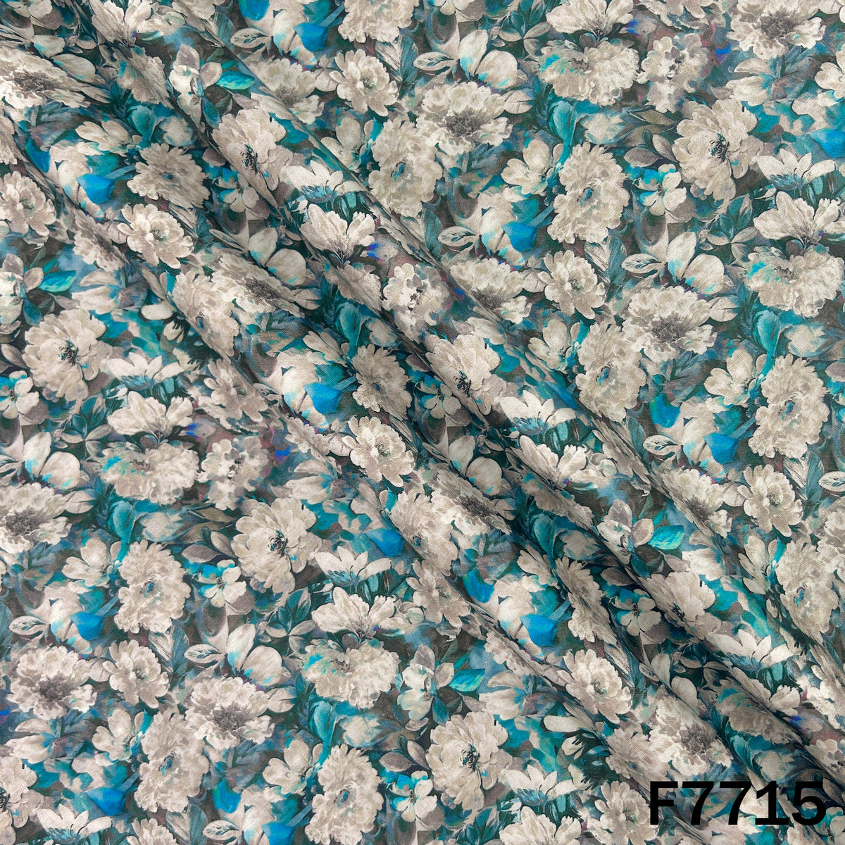Printed Teal Blue Floral Glaze Cotton Fabric - F7715