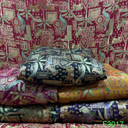 Zari Work Positional Print Jacquard Dolla Silk Fabric-F3017