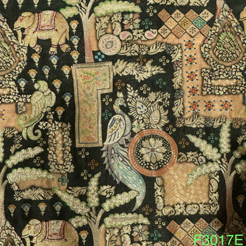 Zari Work Positional Print Jacquard Dolla Silk Fabric-F3017