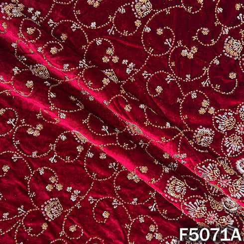 Cut Dana Sequins Pearls Embroidered Lycra Velvet Fabric-F5071