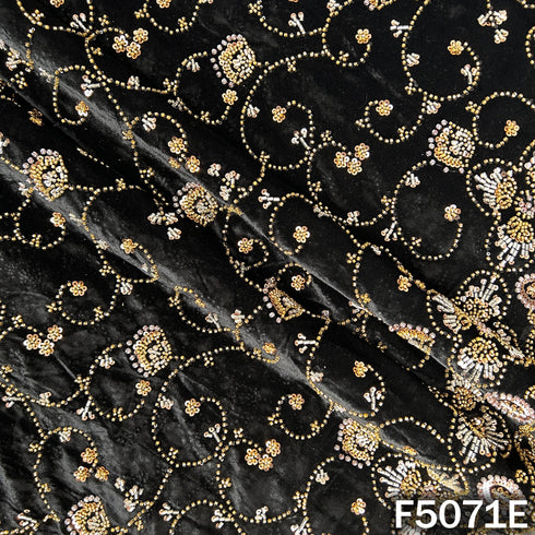 Cut Dana Sequins Pearls Embroidered Lycra Velvet Fabric-F5071