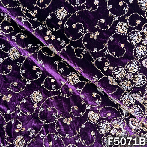 Cut Dana Sequins Pearls Embroidered Lycra Velvet Fabric-F5071