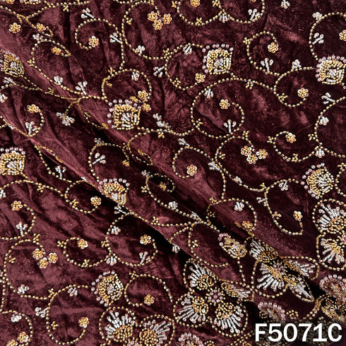 Cut Dana Sequins Pearls Embroidered Lycra Velvet Fabric-F5071