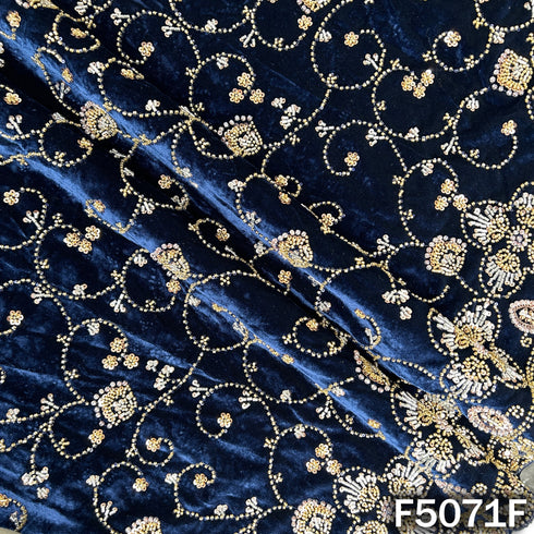 Cut Dana Sequins Pearls Embroidered Lycra Velvet Fabric-F5071