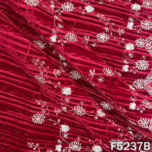 Zari Sequins Embroidered Wrinkled Velvet Fabric - F5237