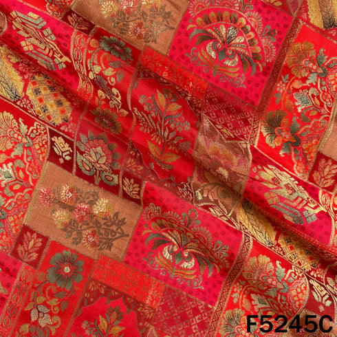Zari Work Positional Print Jacqard Dola Silk Fabric - F5245
