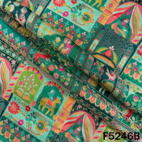 Zari Work Positional Print Jacqard Dola Silk Fabric - F5246