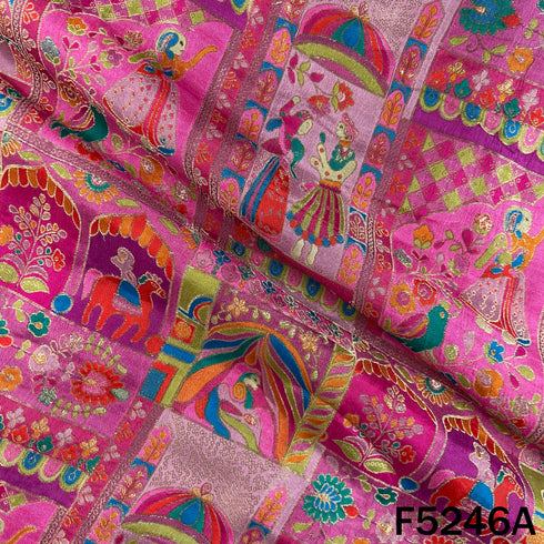 Zari Work Positional Print Jacqard Dola Silk Fabric - F5246