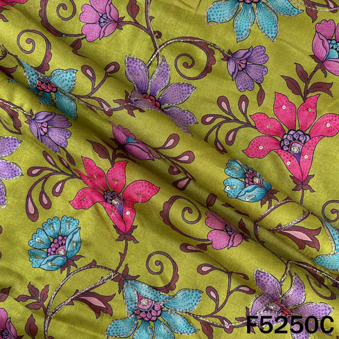 Digital Print Cut Dana Zari Sequins Moti Work Tussar Silk Fabric - F5250