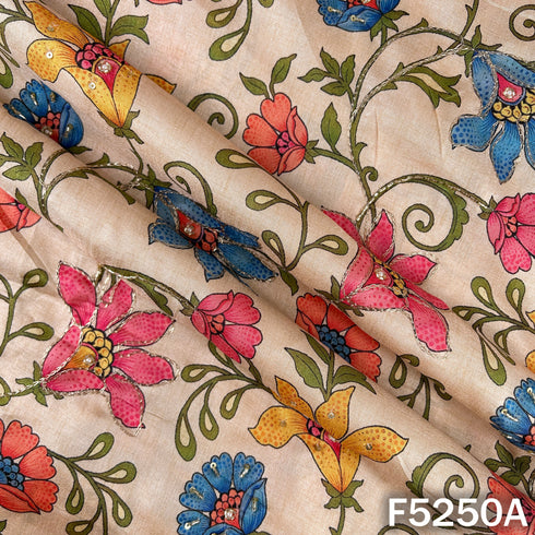 Digital Print Cut Dana Zari Sequins Moti Work Tussar Silk Fabric - F5250