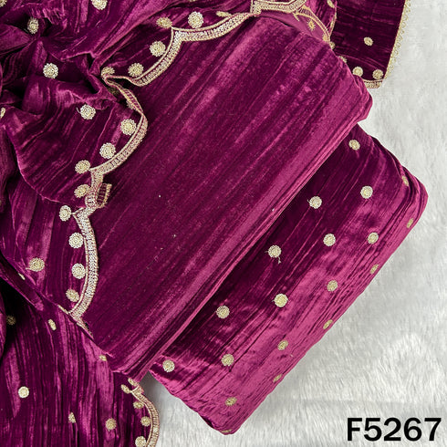 Zari Sequins Embroidered Wrinkled Velvet Fabric - F5267