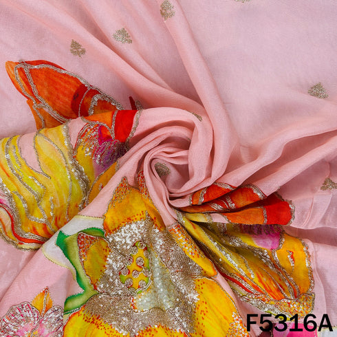 Digital Print Zari Sequins Embroidered Chinnon Chiffon Fabric - F5316