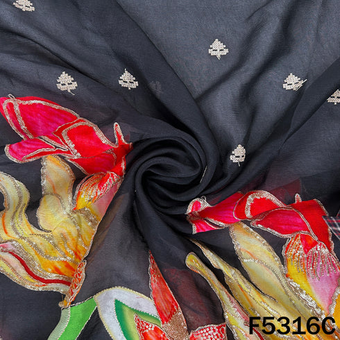 Digital Print Zari Sequins Embroidered Chinnon Chiffon Fabric - F5316