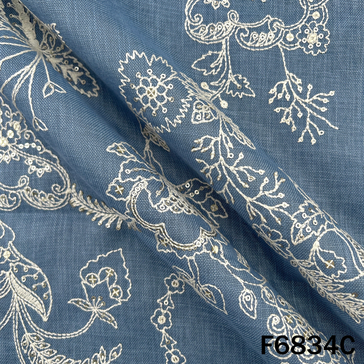Thread Sequins Embroidered Linen Fabric - F6834