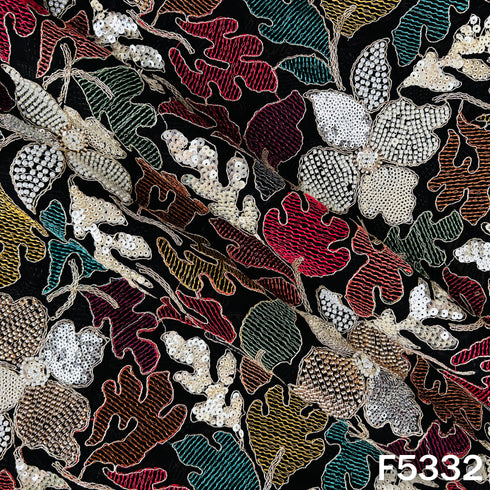 Cut Dana Thread Zari Sequins Pearls Embroidered Georgette Fabric - F5332