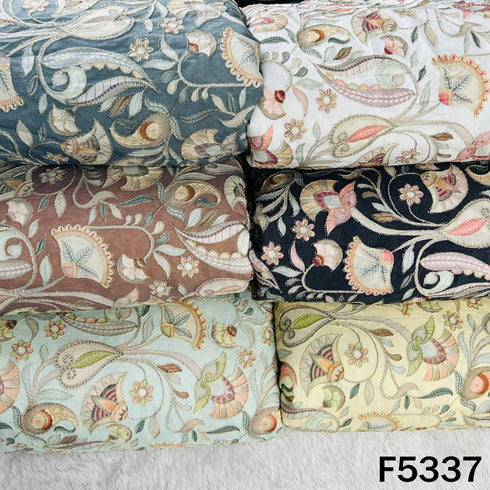 Digital Print Zari Embroidered Cotton Silk Fabric - F5337