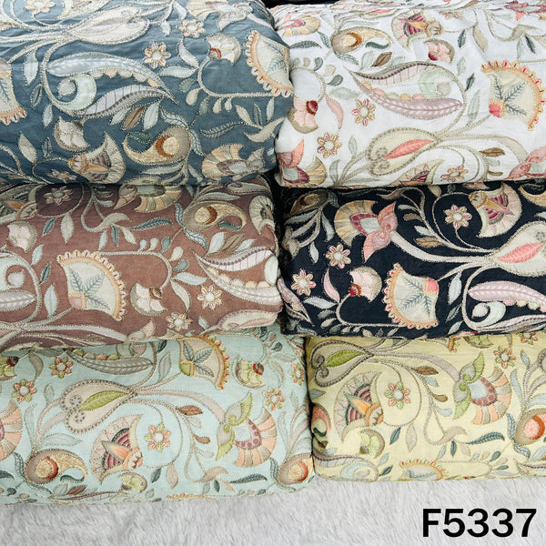 Digital Print Zari Embroidered Cotton Silk Fabric - F5337