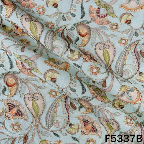 Digital Print Zari Embroidered Cotton Silk Fabric - F5337