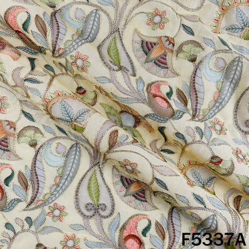 Digital Print Zari Embroidered Cotton Silk Fabric - F5337