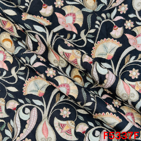 Digital Print Zari Embroidered Cotton Silk Fabric - F5337