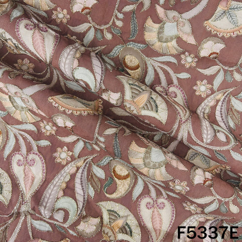 Digital Print Zari Embroidered Cotton Silk Fabric - F5337