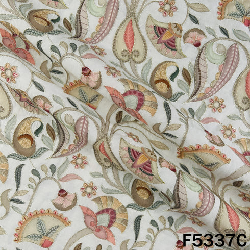 Digital Print Zari Embroidered Cotton Silk Fabric - F5337