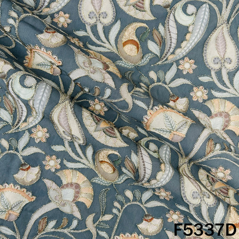 Digital Print Zari Embroidered Cotton Silk Fabric - F5337
