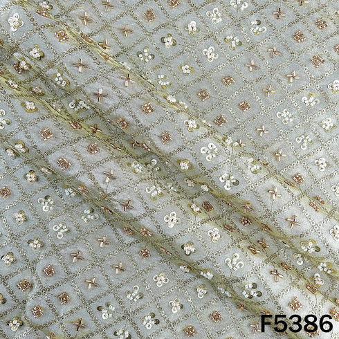 Dyeable Cut Dana Zari Sequins Pearl Embroidered Shimmer Tissue Fabric - F5386