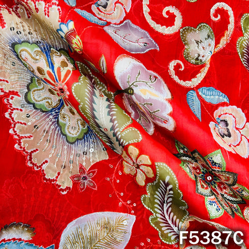 Positional Print Thread Sequins Embroidered Organza Fabric - F5387