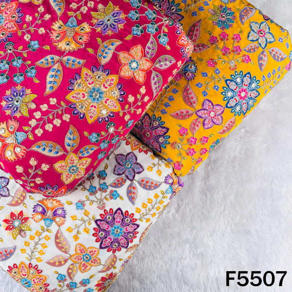 Positional Print Zari Sequins Faux Mirror Embroidered Crepe Fabric - F5507