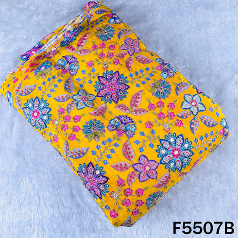 Positional Print Zari Sequins Faux Mirror Embroidered Crepe Fabric - F5507