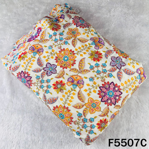 Positional Print Zari Sequins Faux Mirror Embroidered Crepe Fabric - F5507