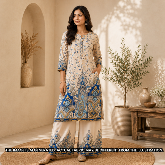 Indian model wearing a beige blue printed suit made from Digital Print Crepe Satin fabric F6917