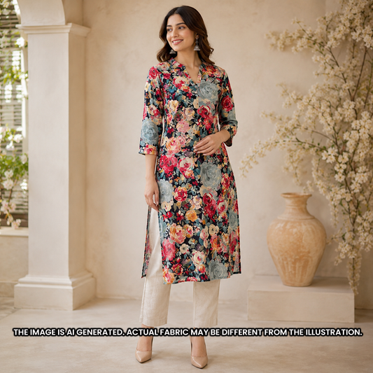 Indian model wearing a black floral kurti tailored from soft printed rayon fabric F6920
