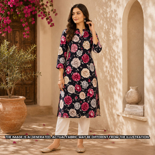 Indian model wearing a black rose print kurti made from soft Foil Print Rayon fabric F6939