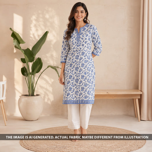 Indian model dressed in a blue floral cotton kurti tailored from F6900 printed fabric