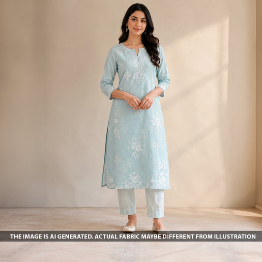 Indian model wearing blue Mul Chanderi suit set made from F6871 thread sequins fabric