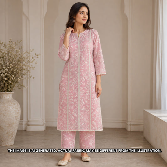 Indian model wearing a blush pink kurti crafted from delicately embroidered Mul Chanderi fabric F6958