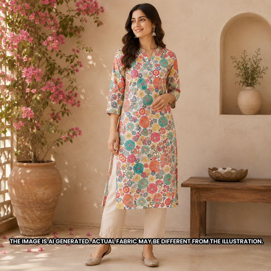 Indian model wearing a colorful floral kurti made from soft foil print rayon fabric F6924