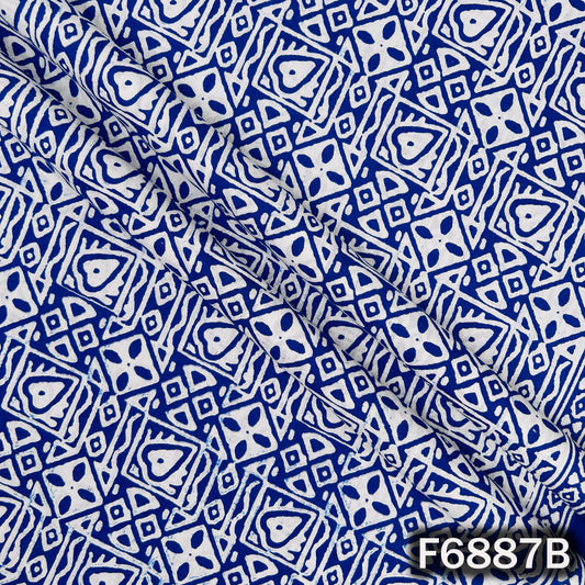 Detailed blue cotton fabric F6887B highlighting its geometric block pattern and breathable finish